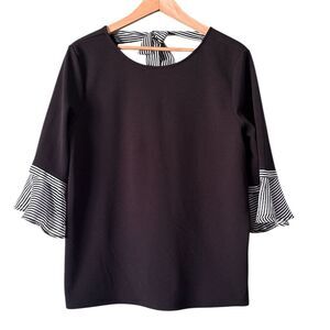 Chico's Black White Tie back Striped Flowy Sleeve Blouse Sz 3 XL
